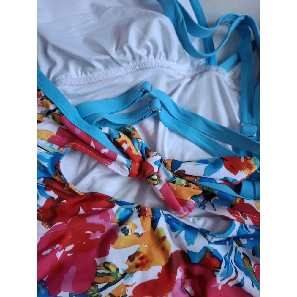 Women's‎ 2XL Floral Halter One-Piece Swimsuit Lined White Orange Red Blue